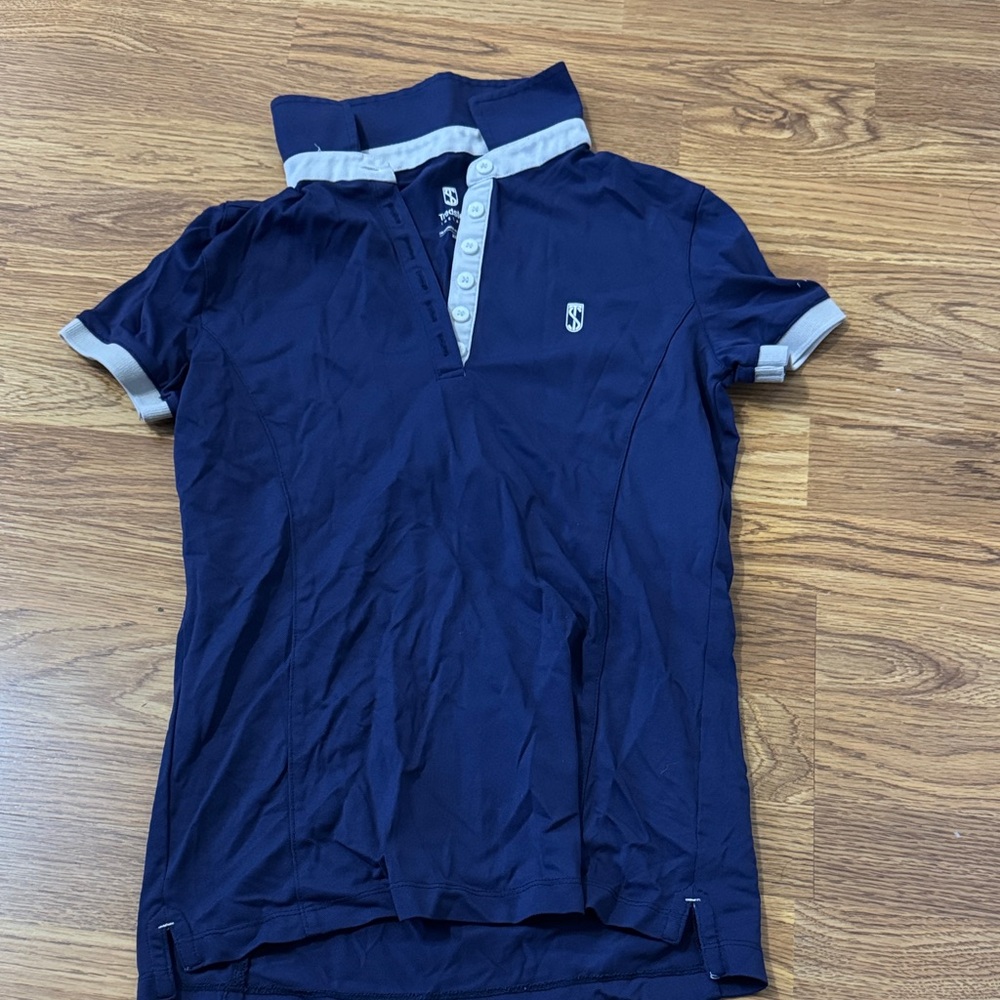 Navy Tredstep Polo With White Accents And Logo On Sleeve